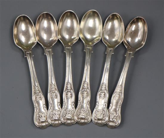 A matched set of six George IV silver Kings pattern egg spoons, two makers including the Eleys, London, 1824/5, 5.5 oz.